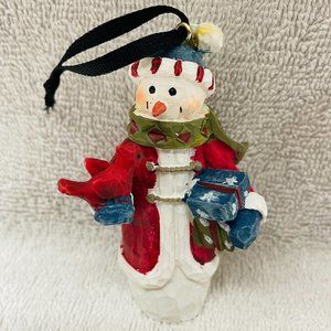 VGUC Snowman Ornament, Holds Red Bird & Gift Boxes, Red-Wht-Blue, Xmas, 3 1/2" T